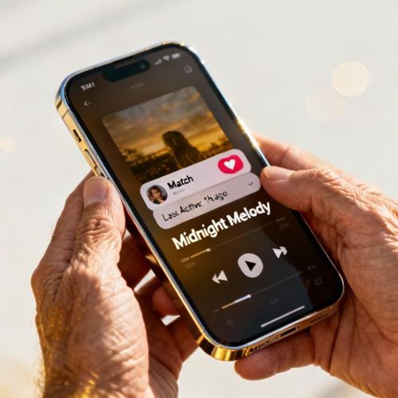 Smartphone displaying music streaming interface with dating app overlay