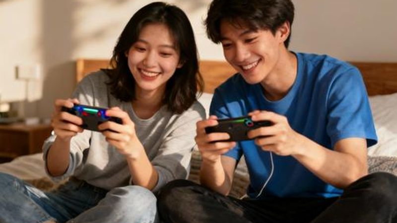 Young couple playing online games together on their phones while video calling