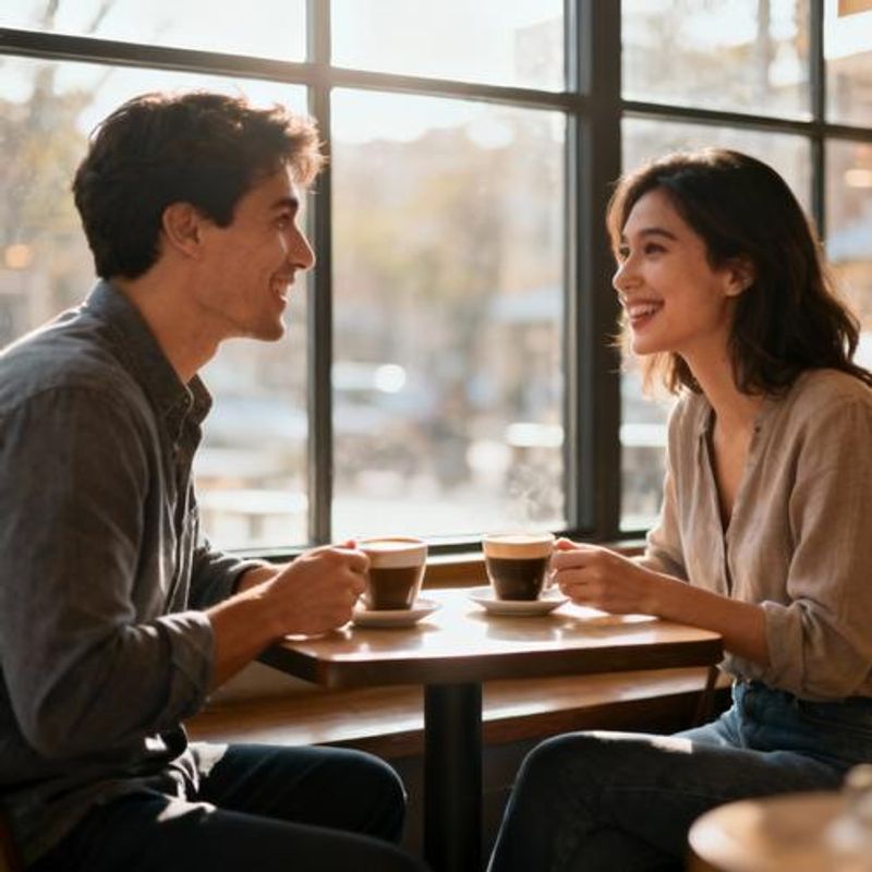 Two people having coffee and laughing at a first date in a cozy cafe