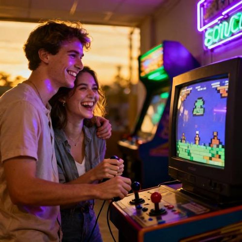Couple enjoying gaming session together at arcade with warm lighting