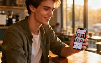 Young person using dating app on smartphone with coffee cup on table