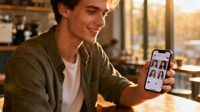 Young person using dating app on smartphone with coffee cup on table