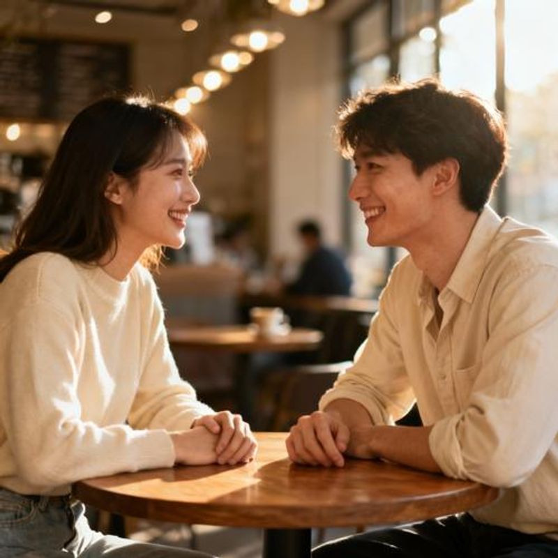 Happy couple meeting for coffee after connecting on dating app