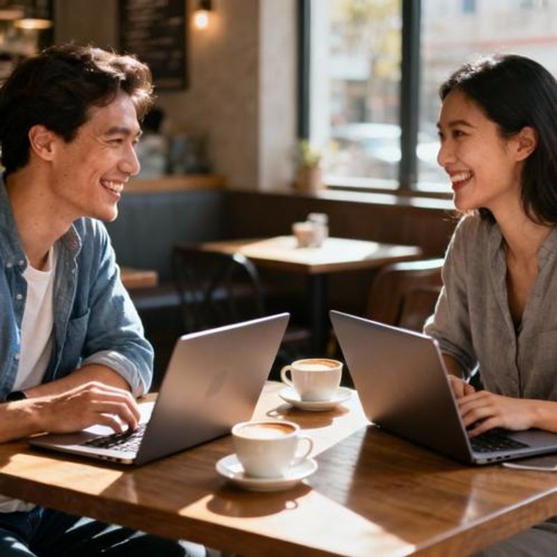 Two people meeting for coffee date after connecting through dating app
