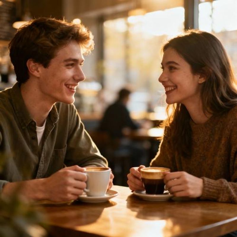 Two young people having coffee on a first date
