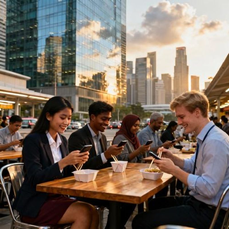 Diverse group of young professionals using smartphones in Singapore's business district