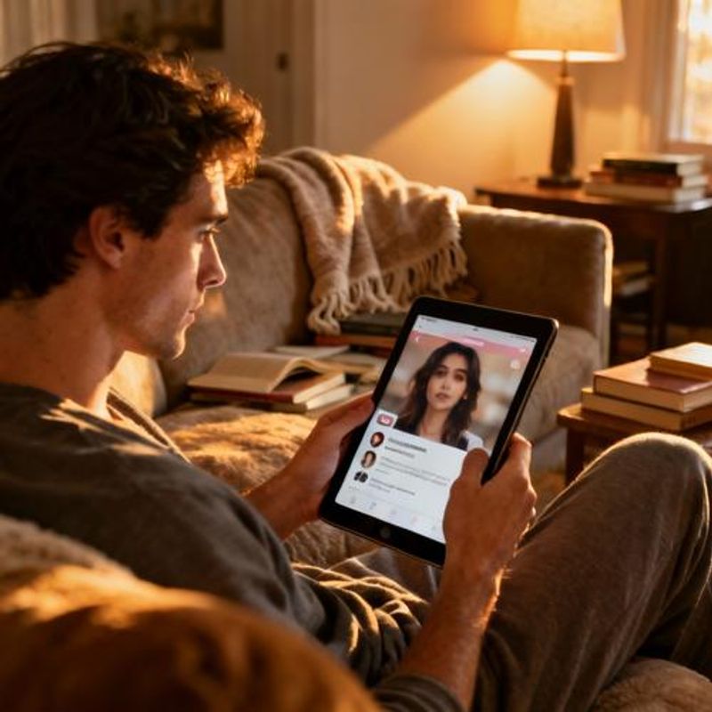Person thoughtfully reviewing dating profile on tablet