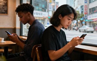 Young international couple using dating app on smartphones in modern Seoul cafe