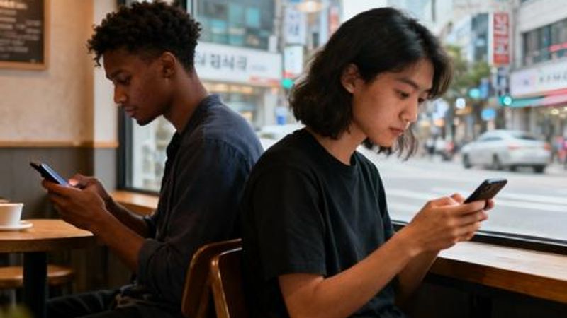 Young international couple using dating app on smartphones in modern Seoul cafe