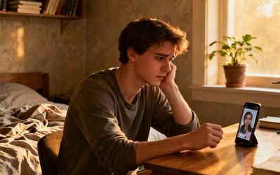 Young person looking at phone with concerned expression while video chatting with romantic interest