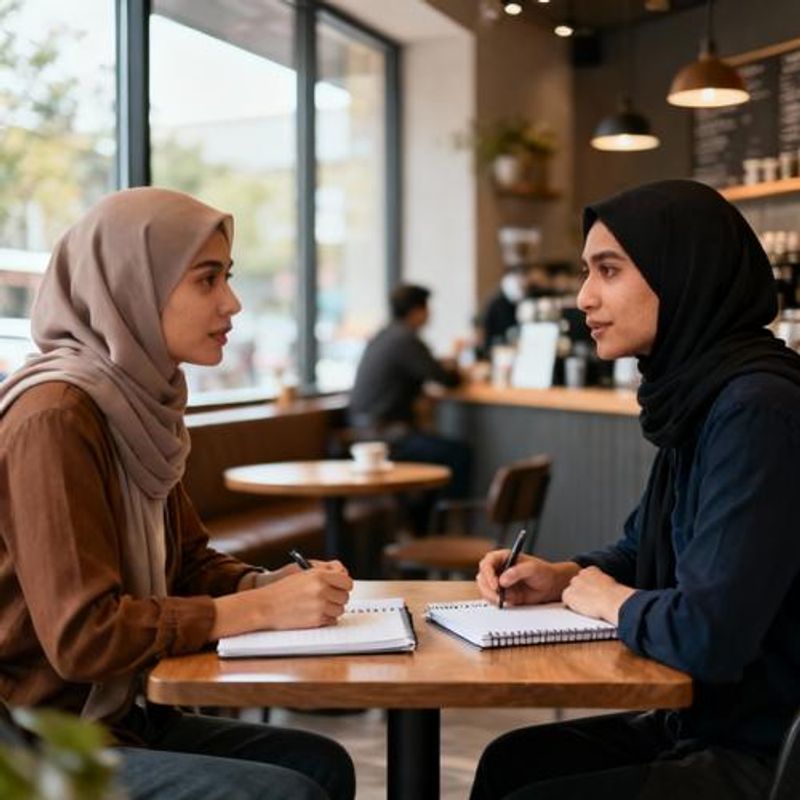 Two people having coffee in a bright, public cafe setting, engaged in serious conversation with notebooks visible