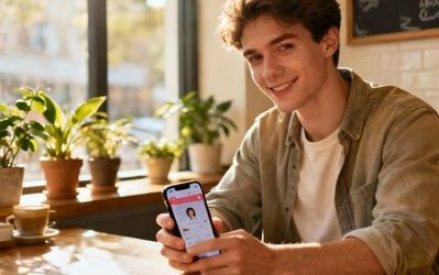 Young person confidently using dating app on smartphone with warm lighting