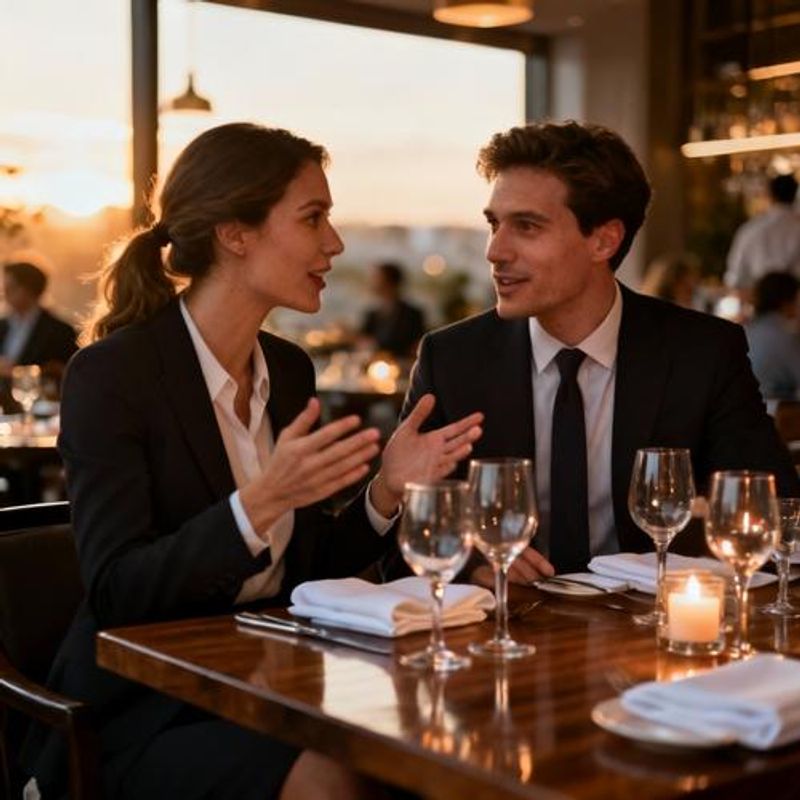 Two well-dressed professionals having an engaging conversation at upscale restaurant