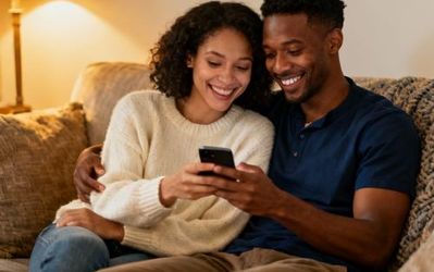 Diverse couple looking at smartphone together, smiling while using dating app