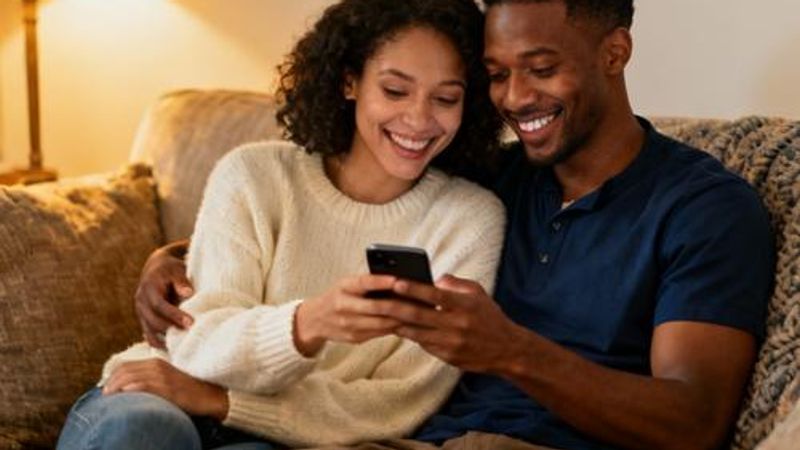 Diverse couple looking at smartphone together, smiling while using dating app