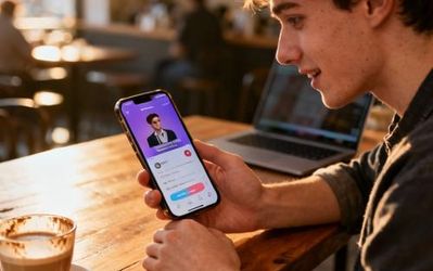 Young person using Hinge dating app on smartphone with coffee in cozy setting