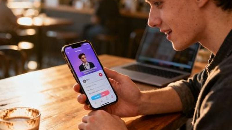 Young person using Hinge dating app on smartphone with coffee in cozy setting