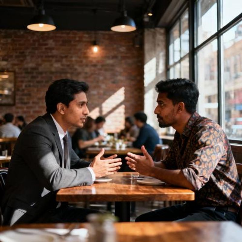 Two men of different ethnicities having an intimate conversation at a restaurant