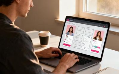 Person thoughtfully designing a mobile dating app interface on laptop with coffee cup nearby