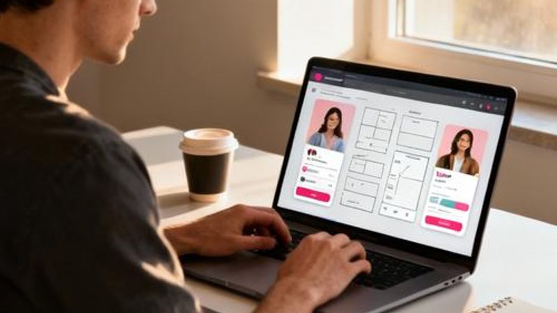 Person thoughtfully designing a mobile dating app interface on laptop with coffee cup nearby