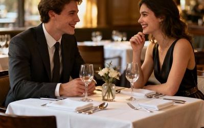 Young attractive couple having a romantic dinner at an upscale restaurant with soft lighting