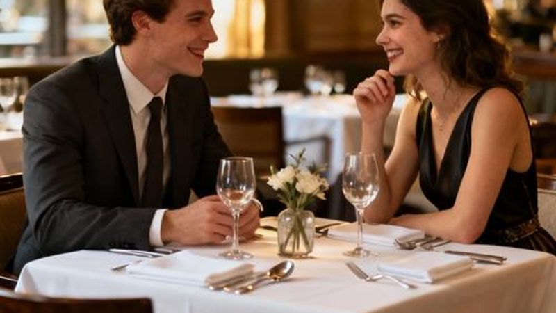 Young attractive couple having a romantic dinner at an upscale restaurant with soft lighting