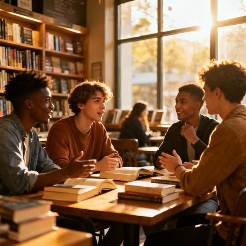 Diverse group of young adults having intellectual conversation at bookstore cafe