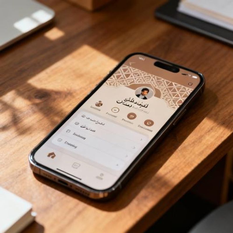 Smartphone displaying various Muslim dating app interfaces with Islamic geometric patterns in the background