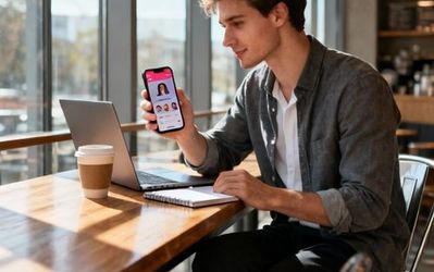 Young professional using dating app on smartphone in modern coffee shop