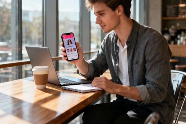 Young professional using dating app on smartphone in modern coffee shop