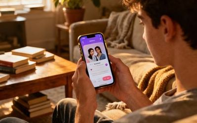 Person holding smartphone with dating app interface visible on screen