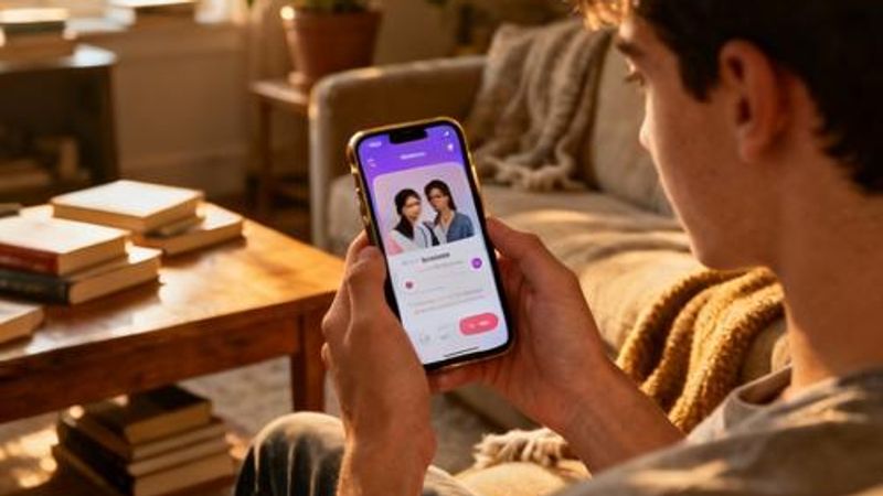 Person holding smartphone with dating app interface visible on screen