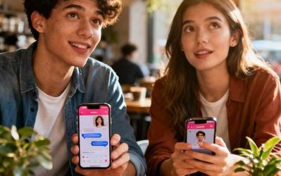 Young professionals using dating apps on smartphones in a modern coffee shop setting