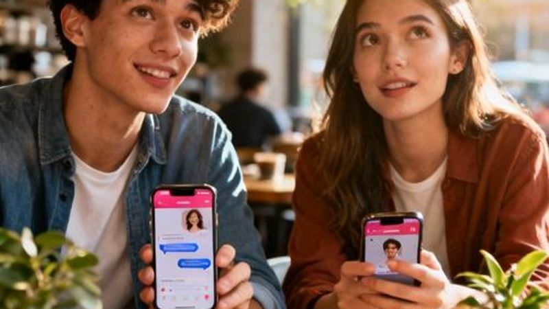 Young professionals using dating apps on smartphones in a modern coffee shop setting