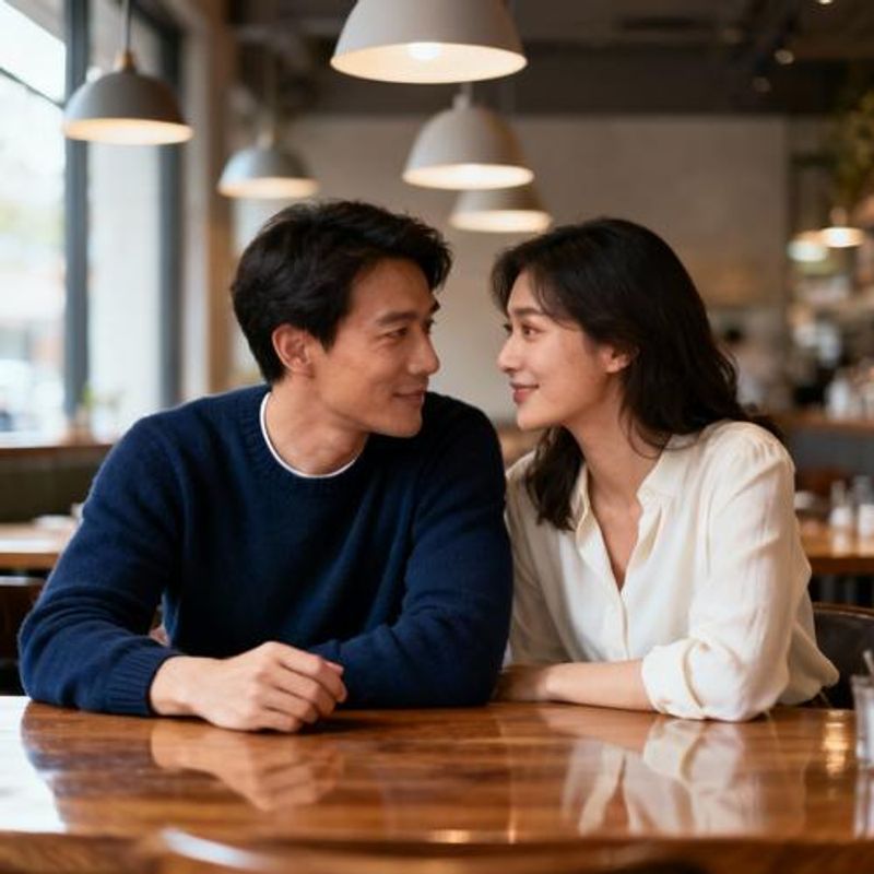 Two people having intimate conversation over dinner, showing genuine connection and communication
