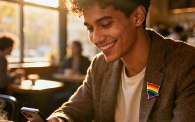 Young diverse LGBTQ+ person using dating app on smartphone in cozy cafe setting
