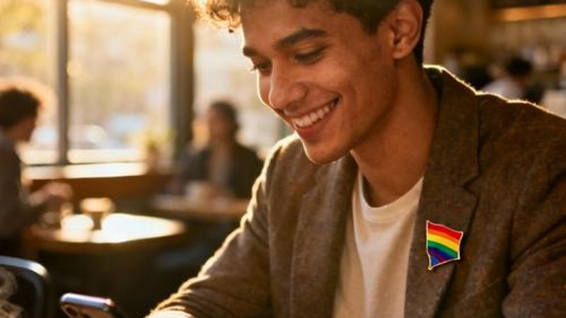 Young diverse LGBTQ+ person using dating app on smartphone in cozy cafe setting