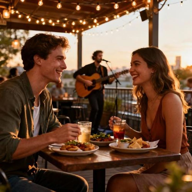 Couple having their first date at a trendy Austin restaurant with string lights and live music