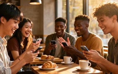 Young adults using smartphones in a coffee shop looking for friendship connections