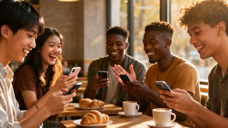 Young adults using smartphones in a coffee shop looking for friendship connections