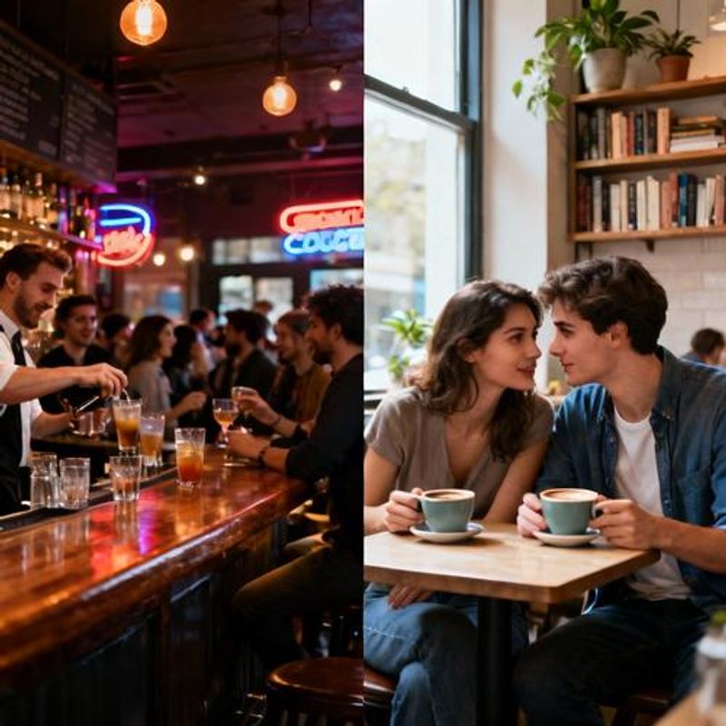 Split comparison showing crowded bar versus quiet coffee shop meeting