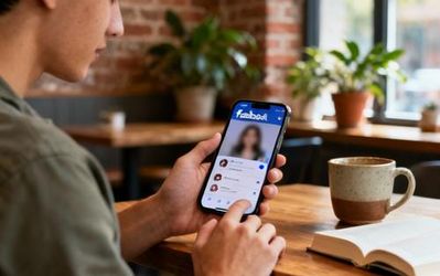 Young person using Facebook Dating app on smartphone with coffee in background