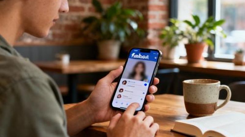 Young person using Facebook Dating app on smartphone with coffee in background