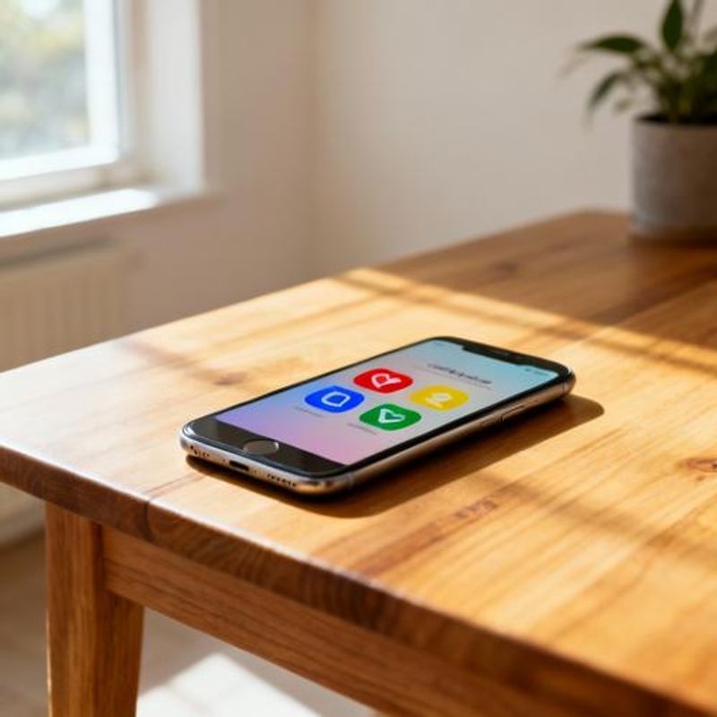 Smartphone displaying various dating app icons on a wooden table