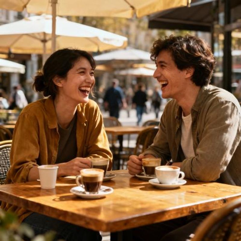 Two people having coffee and laughing together at outdoor cafe