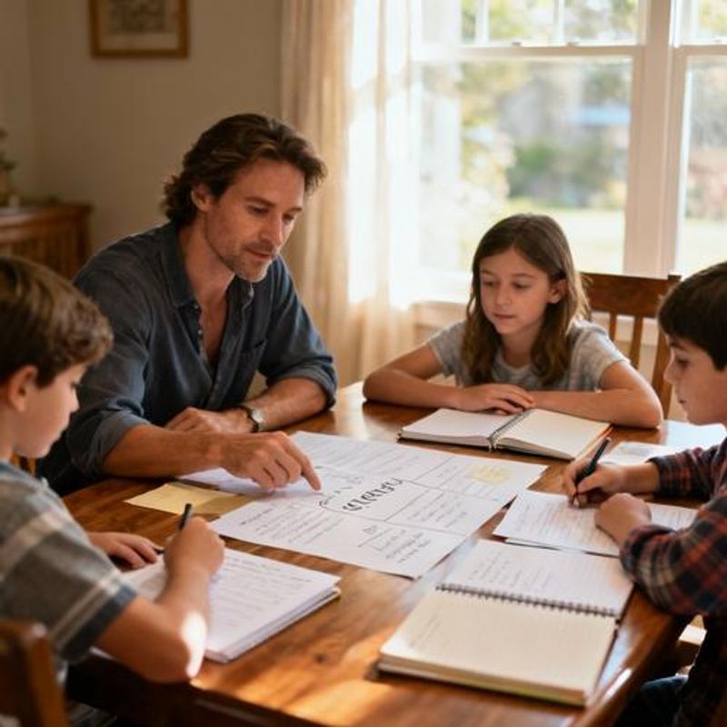 Family creating guidelines together at home in a collaborative, supportive environment
