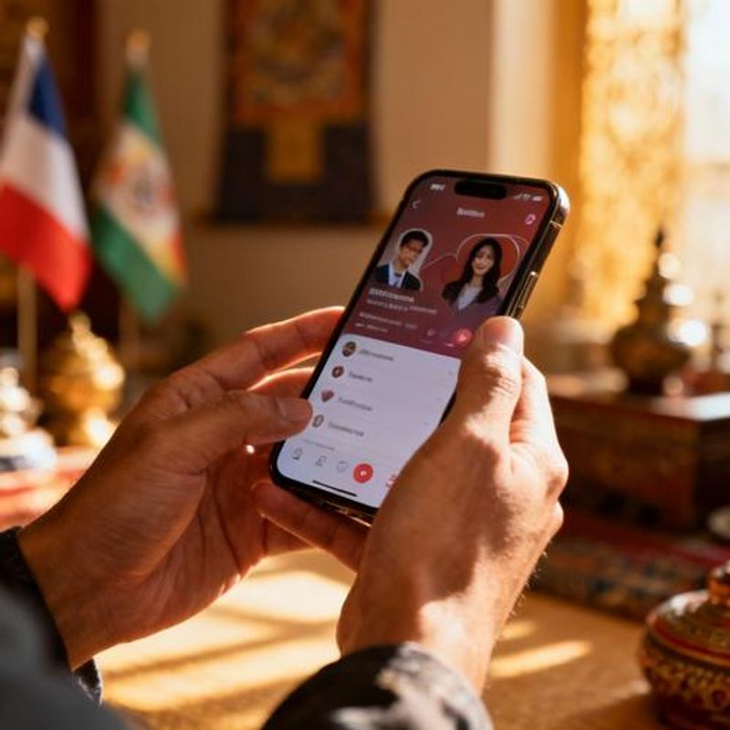 Person using dating app on phone with cultural symbols in background