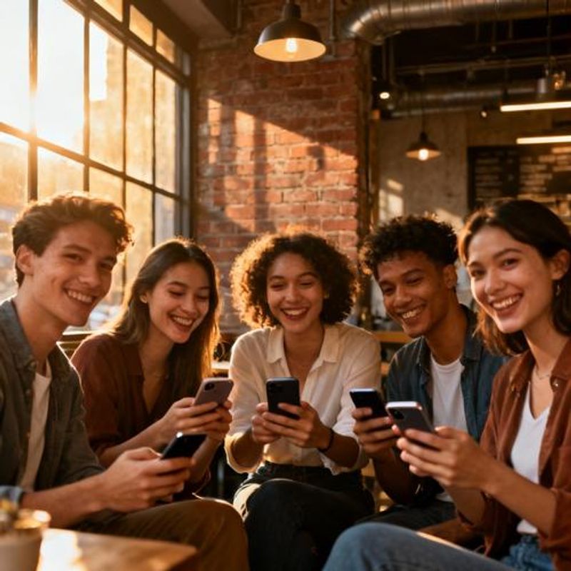 Diverse group of singles looking at their phones with happy expressions
