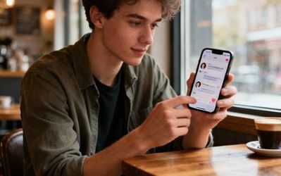 Person holding smartphone with dating app open, sitting in a cozy coffee shop