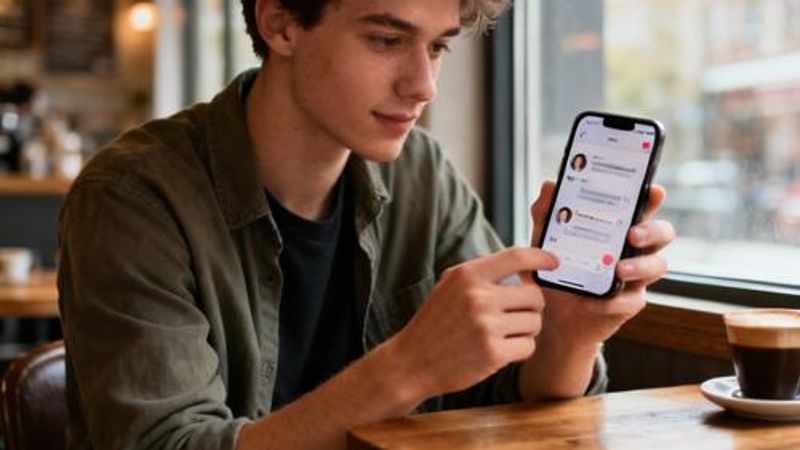 Person holding smartphone with dating app open, sitting in a cozy coffee shop
